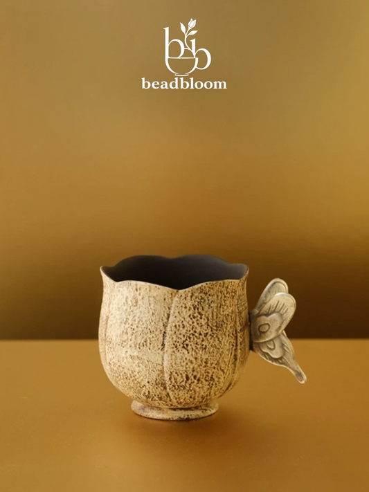 Silver Bloom Butterfly Stone Clay Tea Cup